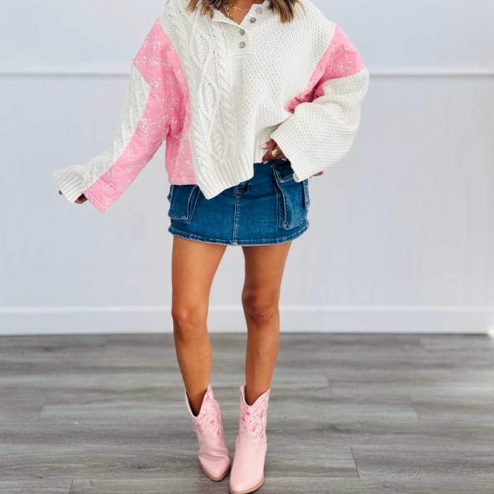 POL pink and cream quilted hoodie sweater